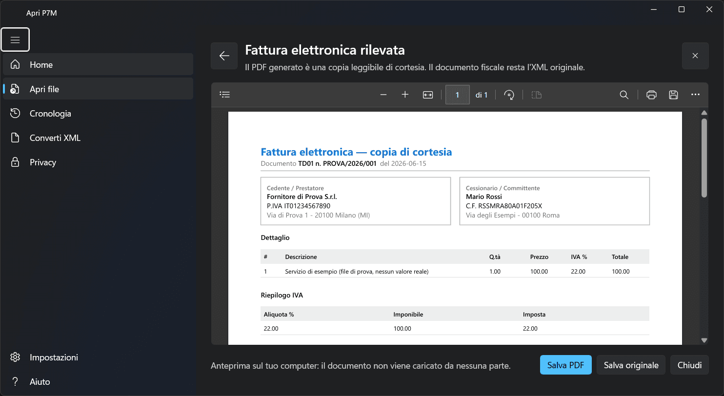Apri P7M mostra una fattura elettronica XML come PDF leggibile, con dati, righe, IVA e totale