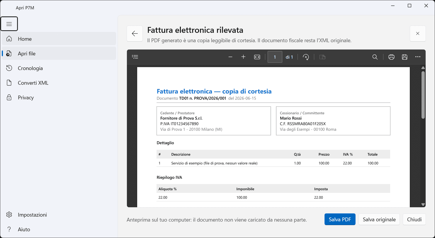 Apri P7M mostra una fattura elettronica XML come PDF leggibile, con dati, righe, IVA e totale