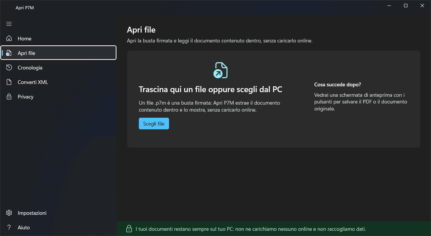 Schermata di Apri P7M con area per trascinare un file .p7m, .xml o .zip