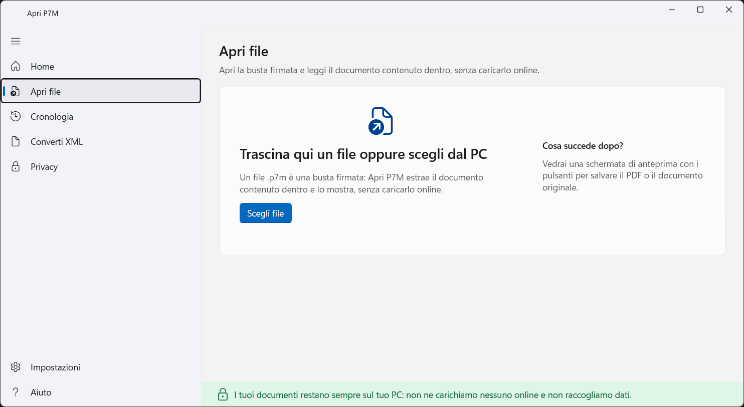 Schermata di Apri P7M con area per trascinare un file .p7m, .xml o .zip