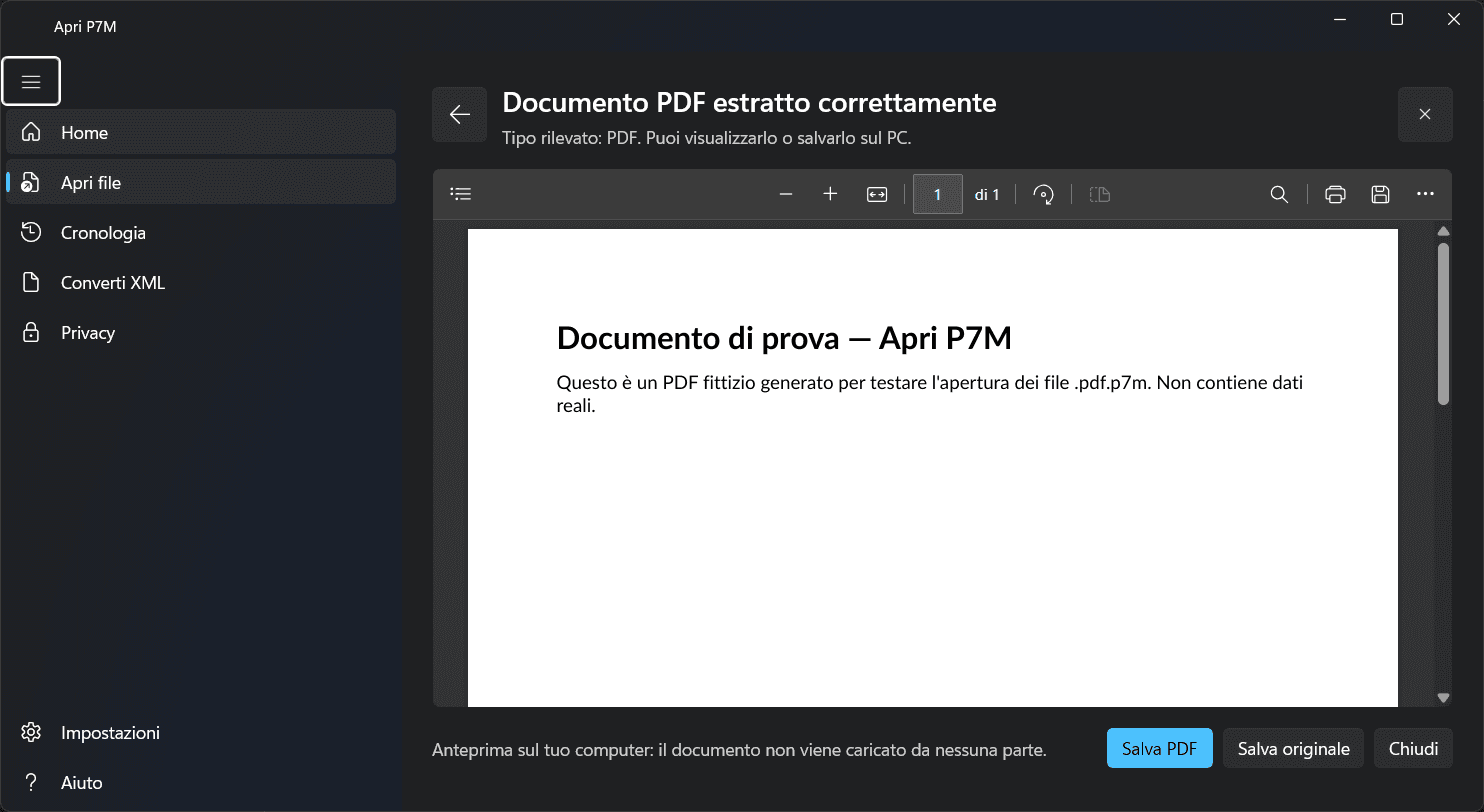 Apri P7M mostra il PDF estratto da un file .pdf.p7m, pronto da leggere e salvare