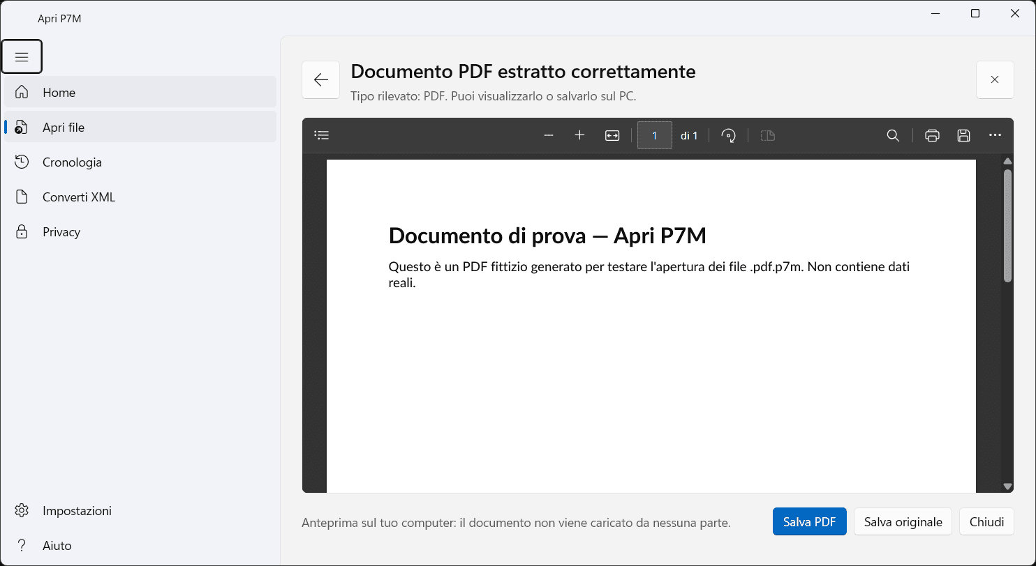 Apri P7M mostra il PDF estratto da un file .pdf.p7m, pronto da leggere e salvare